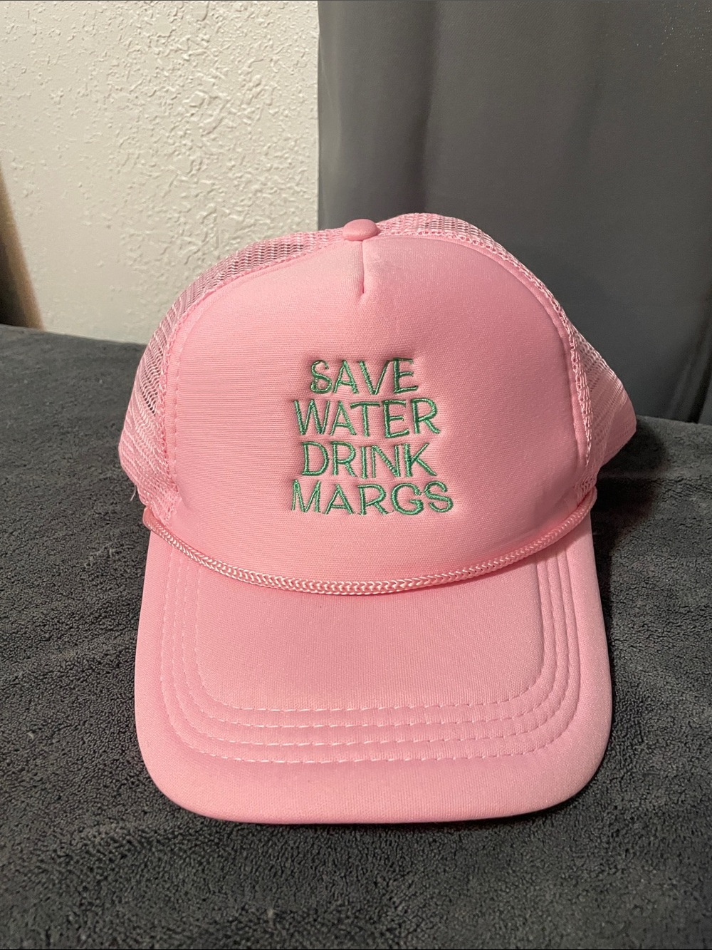 Love Pink Mesh Trucker Hat with Green Embroidered SAVE WATER DRINK MARGS NWOT